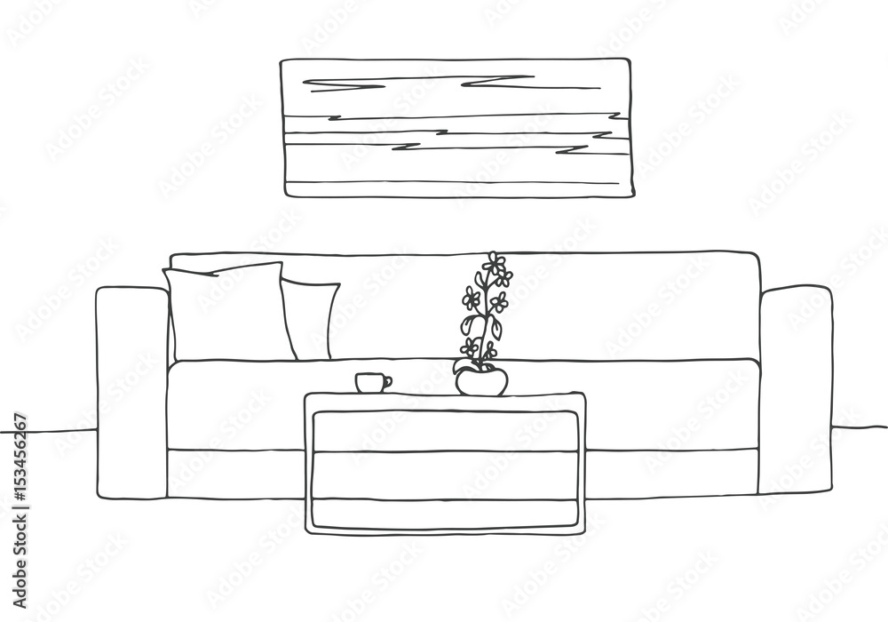 Linear sketch of an interior. Room plan. Vector illustration. Linear sketch of the interior. Linear sketch of an interior. Room plan. Vector illustration. Linear sketch of the interior.