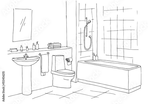 Hand drawn sketch. Linear sketch of an interior. Part of the bathroom. Vector illustration