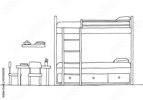 Children's room. Children's furniture. Bunk bed, table and two chairs. Hand drawn vector illustration of a sketch style.