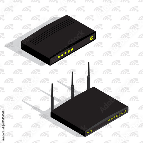 Wifi router and modem, isometric devices, wireless technology, vector illustration. Realistic internet technology communication devices.