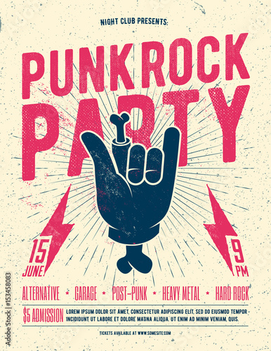 Punk Rock Party Flyer Poster. Vintage styled vector illustration.