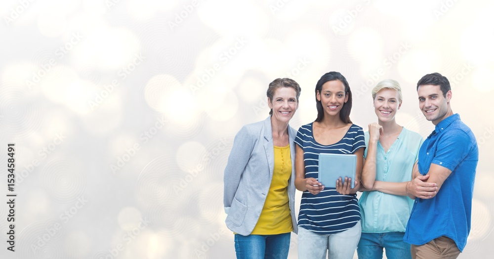 Portrait of happy friends with digital tablet against bokeh Portrait of happy friends with digital tablet against bokeh