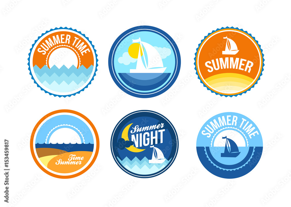 Vector summer time emblems for travel agency. Ocean label for print.