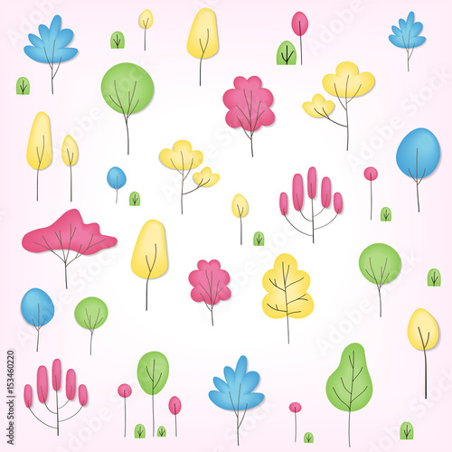 Colorful seamless pattern of different trees and bushes