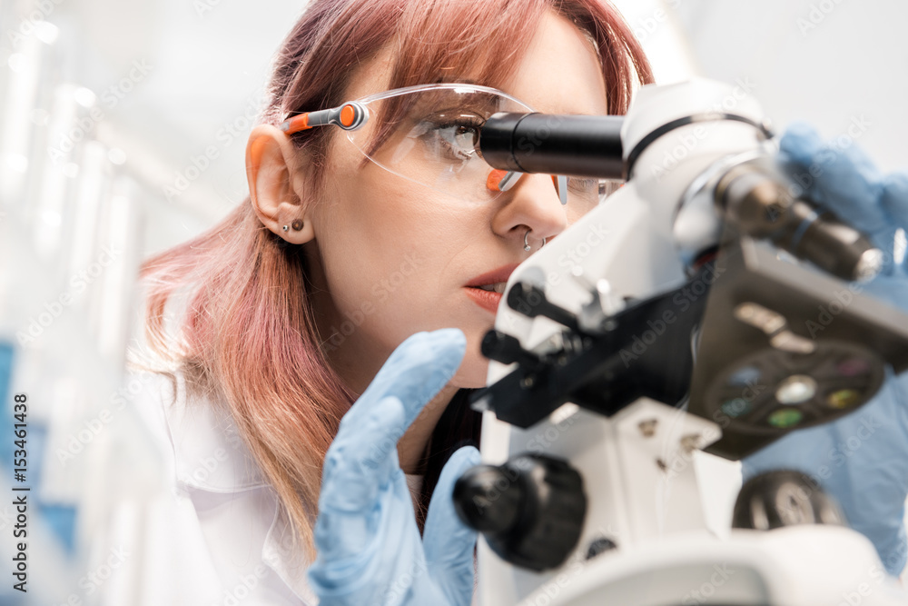 Fototapeta premium portrait of scientist in lab coat looking through microscope in laboratory