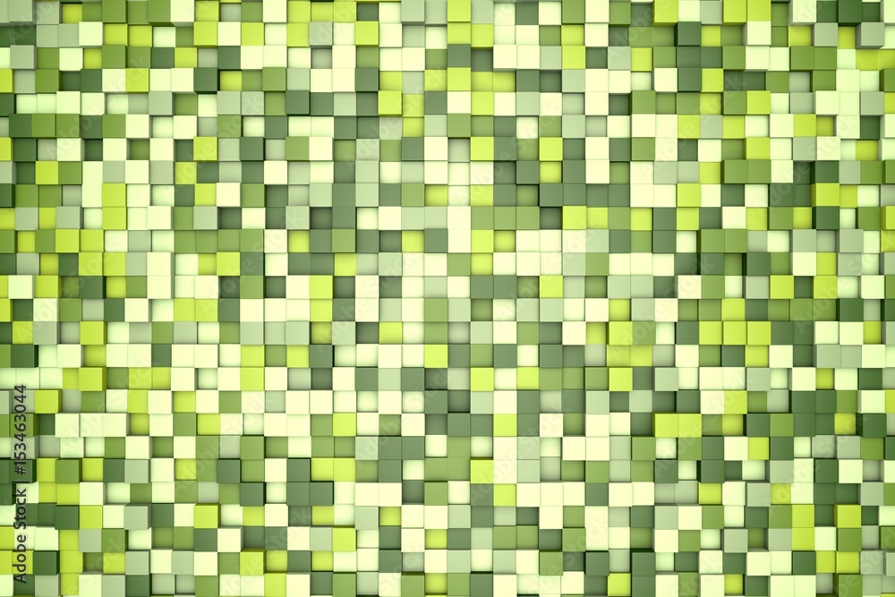 3d illustration: mosaic abstract background, colored blocks white, light and dark green, verdant, leafy, emerald color. Spring, Summer. Range of shades. small squares, cell. Wall of cubes. Pixels art. 3d illustration: mosaic abstract background, colored blocks white, light and dark green, verdant, leafy, emerald color. Spring, Summer. Range of shades. small squares, cell. Wall of cubes. Pixels art.