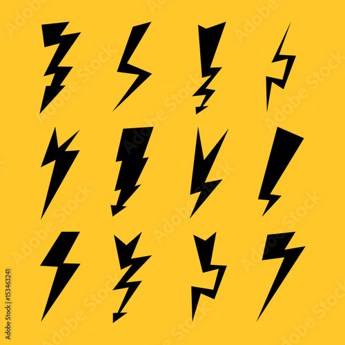 Black Color Lightnings Set Isolated On Yellow Background. Vector Illustration