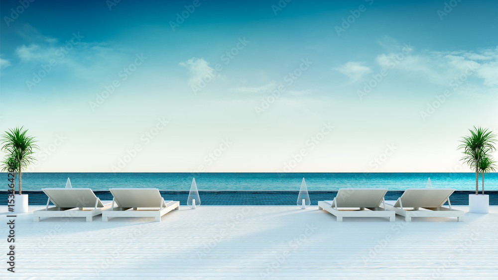 Beach lounge  with panoramic sea view at luxury villa/3d rendering
