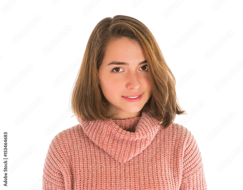 Young cute woman in pink sweater Young cute woman in pink sweater