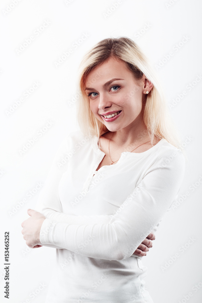 Beautiful woman smiling face close up studio on white. Beautiful woman smiling face close up studio on white.