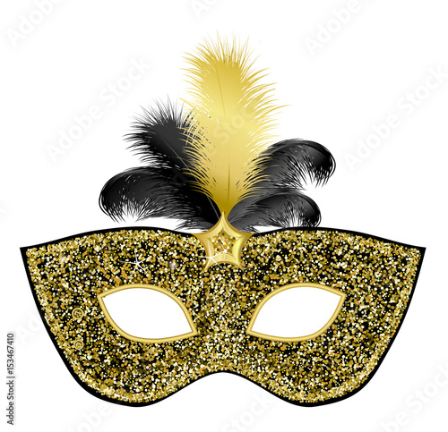 Black gold glittering mask with feather on white background