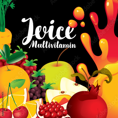 vector label for packaging of juice with different fruits and berries and inscription fresh juice multivitamin on black background
