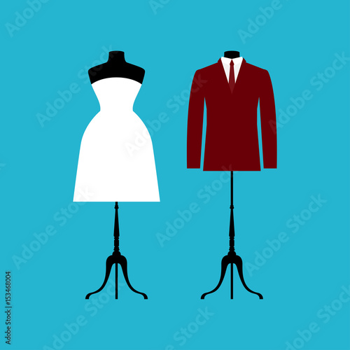 Wedding card template. White wedding dress and suit isolated on blue cover.