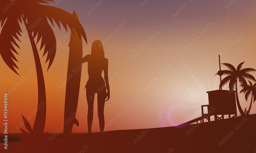 Fototapeta premium Surferin mit Surfbrett - Silhouette vor Sonnenuntergang
