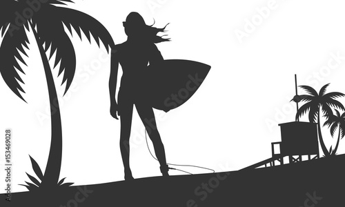 Frau mit Surfbrett - Silhouette in Grau