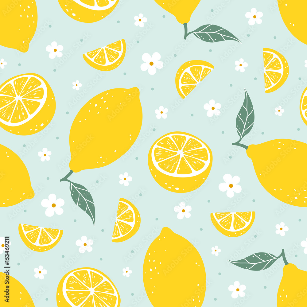 Lemon seamless pattern on light blue background. Vector illustration