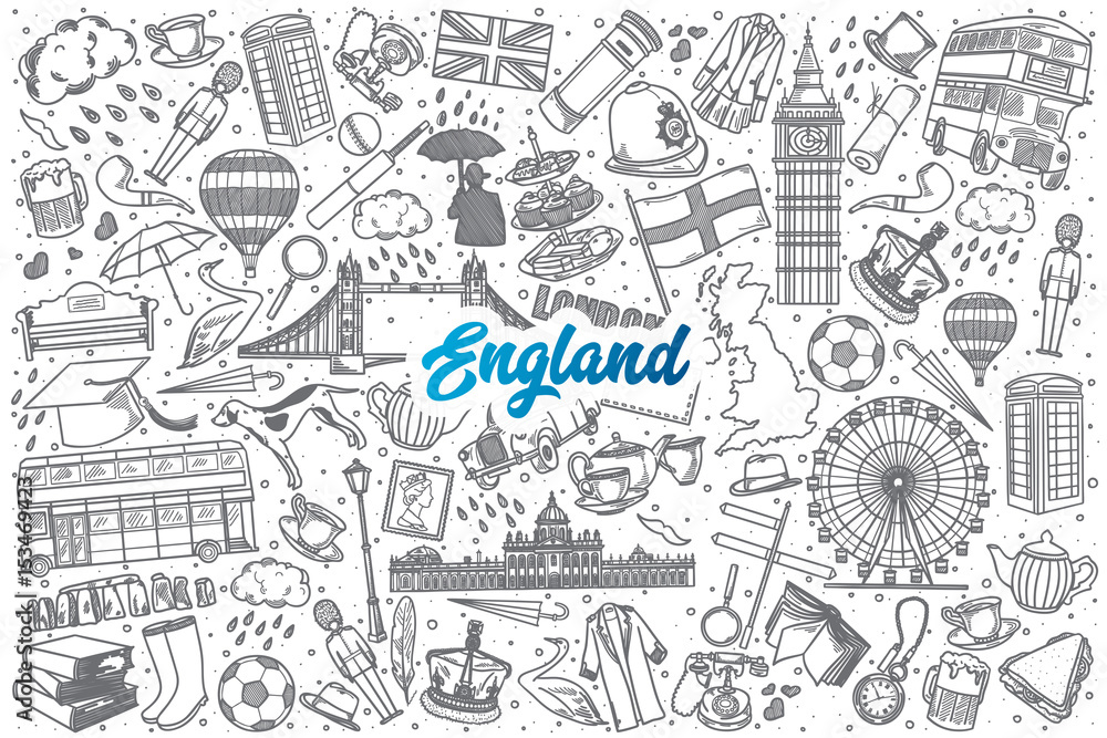 Hand drawn England doodle set background with blue lettering in vector