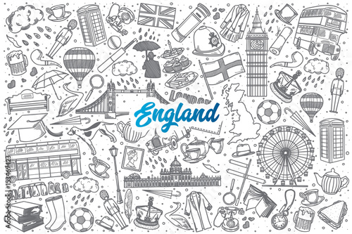 Hand drawn England doodle set background with blue lettering in vector