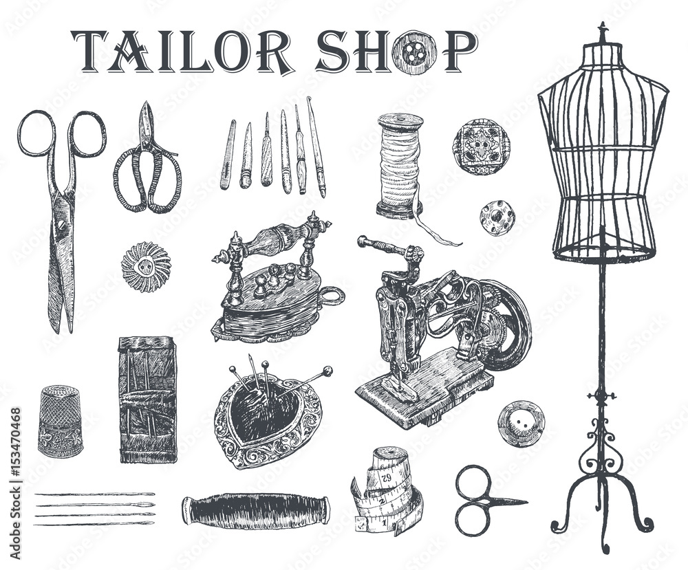 Vintage tailor shop. Tailor shears, needle and thread, spool of thread,  Sewing Machine, thimble, charcoal iron, sartorial meter, buttons, pin-cushion,  tambour. Hand drawn sewing tools Stock Vector