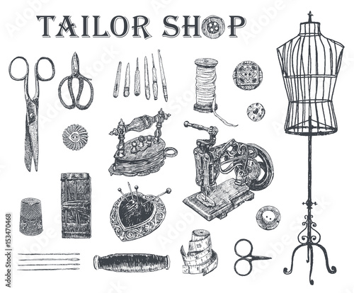 Vintage tailor shop. Tailor shears, needle and thread, spool of thread, Sewing Machine, thimble, charcoal iron, sartorial meter,  buttons, pin-cushion, tambour. Hand drawn sewing tools