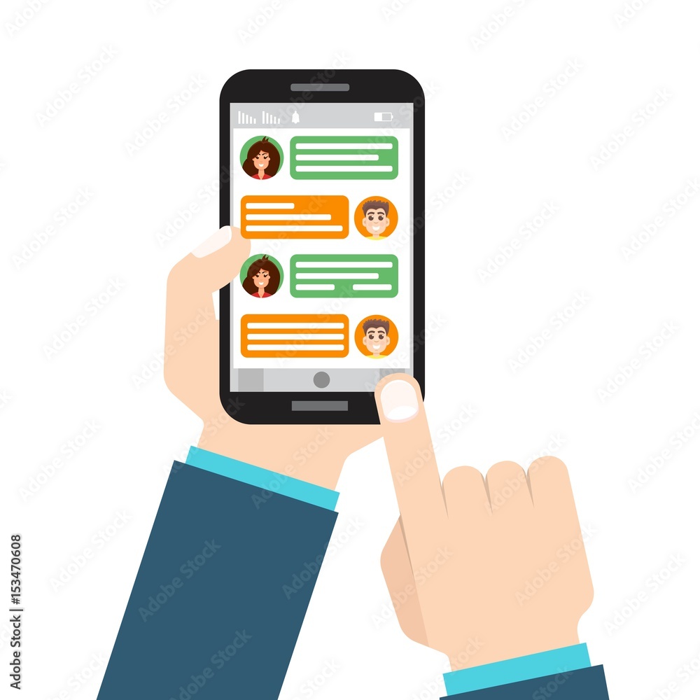 Social network. Messaging, chating concept. Hand holding smartphone. Vector illustration. Social network. Messaging, chating concept. Hand holding smartphone. Vector illustration.