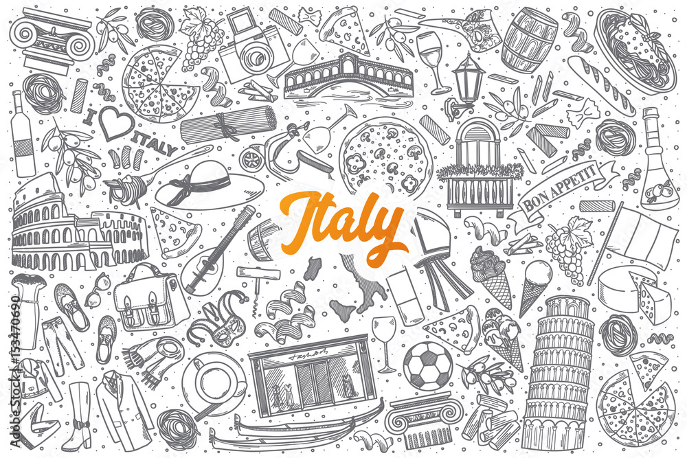 Hand drawn Italy doodle set background with orange lettering in vector