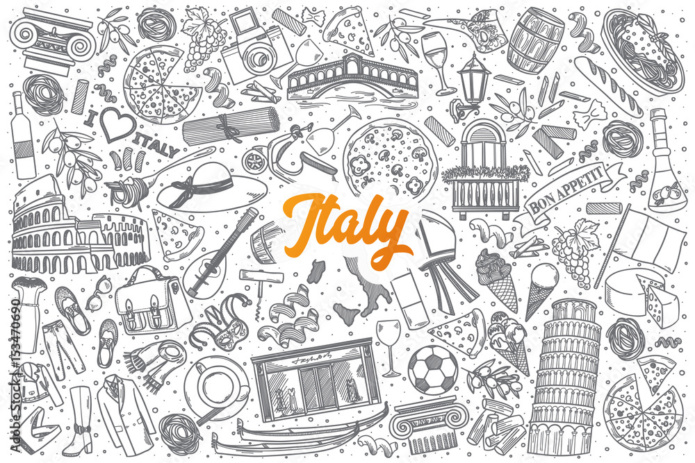 Hand drawn Italy doodle set background with orange lettering in vector Hand drawn Italy doodle set background with orange lettering in vector