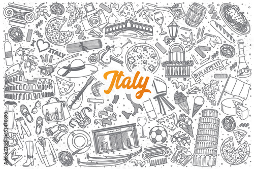 Hand drawn Italy doodle set background with orange lettering in vector