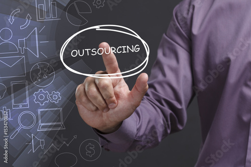 Business, Technology, Internet and network concept. Young businessman shows the word: Outsourcing
