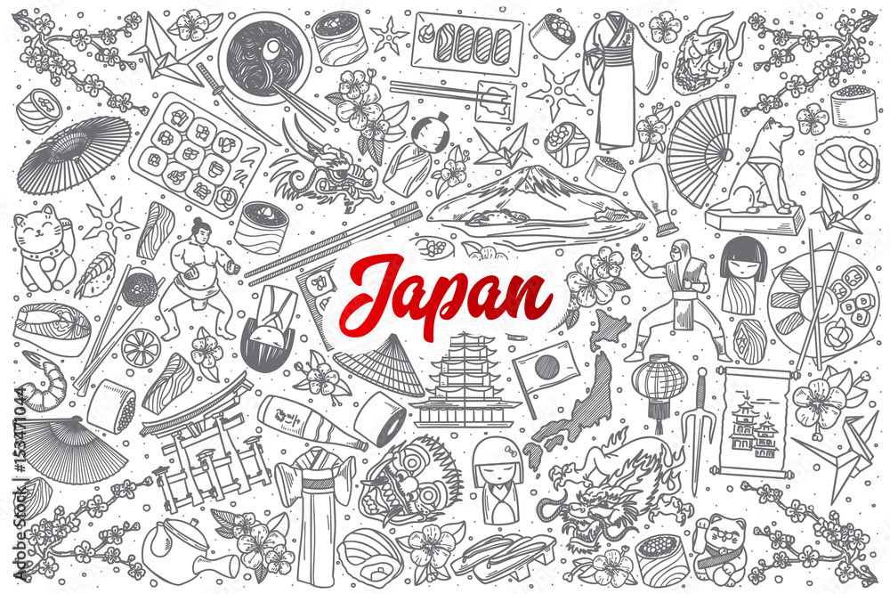 Hand drawn Japan doodle set background with red lettering in vector