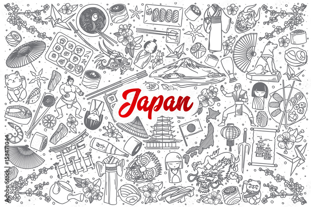 Hand drawn Japan doodle set background with red lettering in vector Hand drawn Japan doodle set background with red lettering in vector