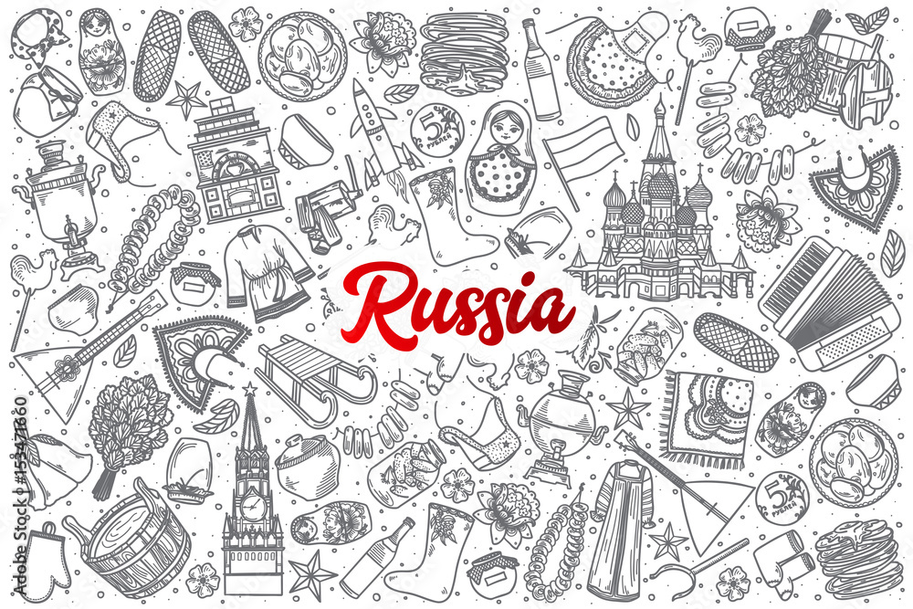Hand drawn Russia doodle set background with red lettering in vector