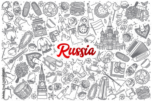 Hand drawn Russia doodle set background with red lettering in vector