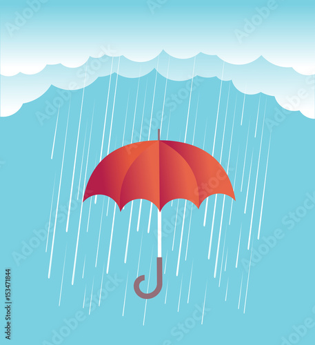 Rain clouds with red umbrella.Vector spring sky