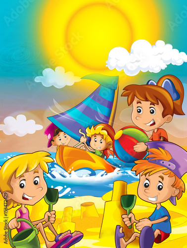 cartoon scene with kids playing and having fun on the beach - illustration for children