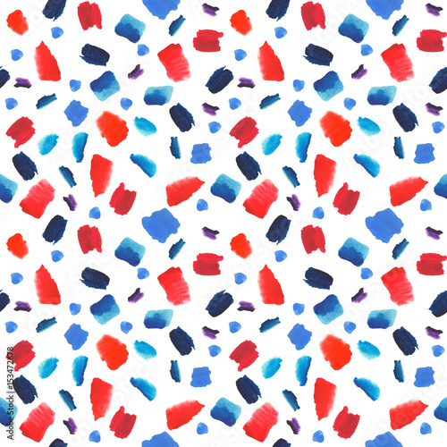 Abstract red and blue on white background watercolor painted strokes seamless pattern. Wrapping paper decoration fabric.