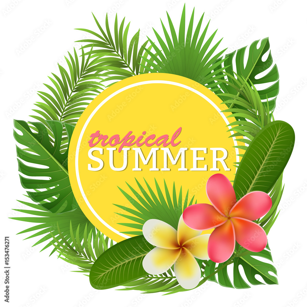 Fototapeta premium Tropical circle frame with palm leaves and tropical flower. Yellow circle frame between leaves. Vector illustration for summer, party and holiday design.