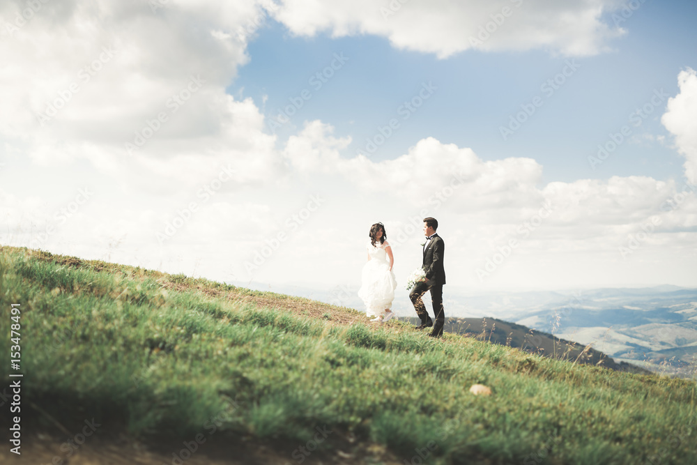 Gorgeous bride and stylish groom walking at sunny landscape, wedding couple, luxury ceremony mountains with amazing view, space for text Gorgeous bride and stylish groom walking at sunny landscape, wedding couple, luxury ceremony mountains with amazing view, space for text