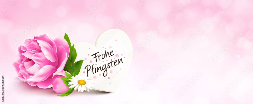 Pfingstrose mit Herz Grußkarte und rosa Bokeh Hintergrund - Frohe Pfingsten