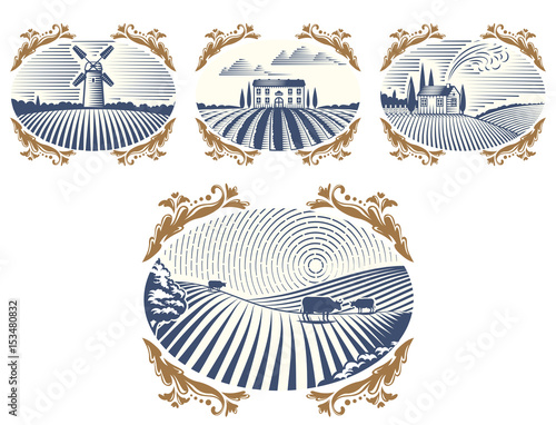 Retro landscapes vector illustration farm house agriculture graphic countryside scenic antique drawing.