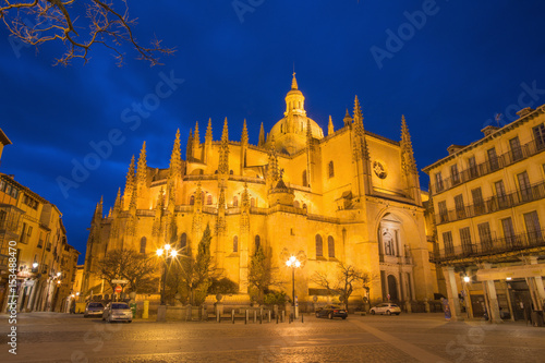 SEGOVIA, SPAIN, APRIL - 15, 2016: The Plaza Mayor square and the Cathedral Nuestra Senora de la Asuncion y de San Frutos de Segovia at dusk.