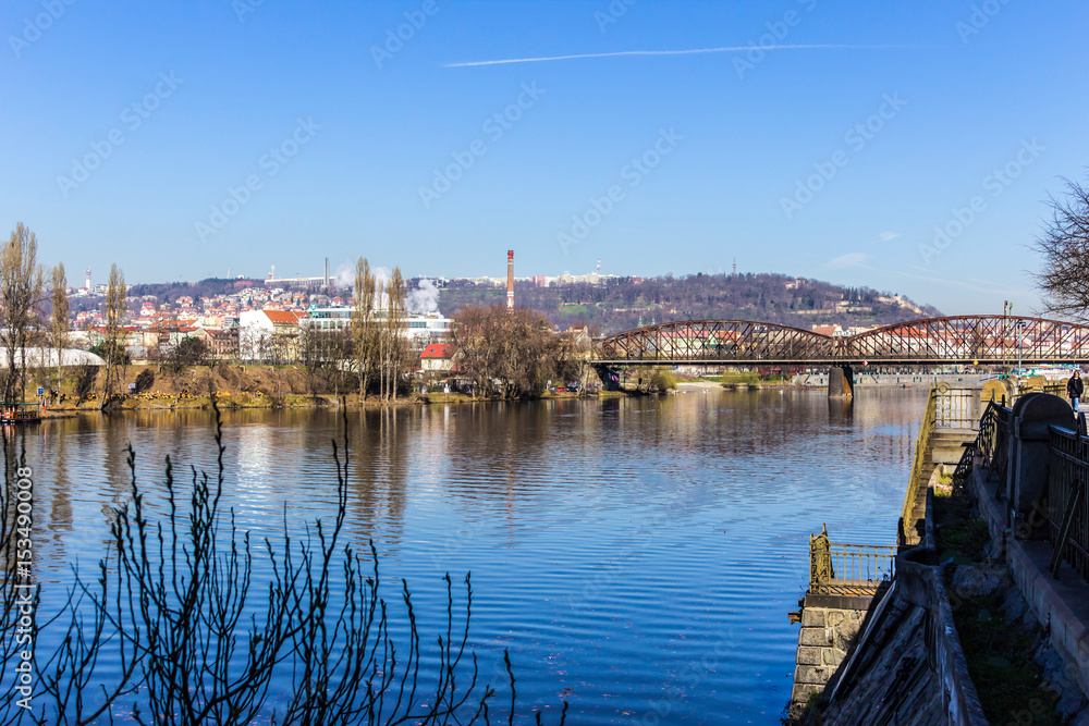 View of the Vltava River in the early spring morning. Area of the Old Town Prague, Czech Republic.