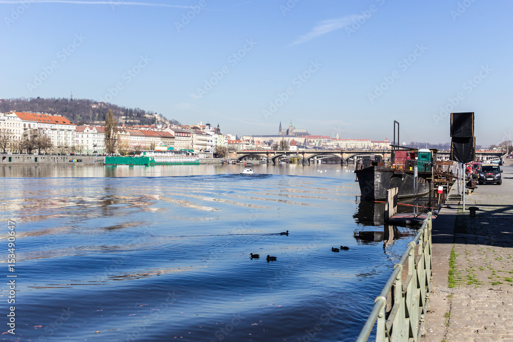 View of the Vltava River in the early spring morning. Area of the Old Town Prague, Czech Republic.