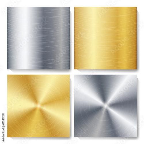 Gold, Bronze, Silver, Steel Metal Abstract Technology Background Set. Polished, Brushed Texture. Vector illustration.