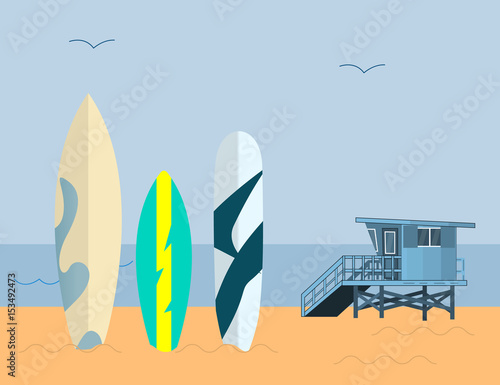 Set of Surfboards and  Sea Guard House  on a Blue Background  with Blue sky and Sand. Sea extreme sport Concept