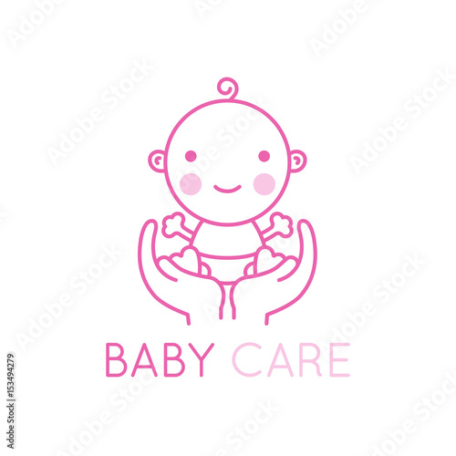 aVector logo design element and emblem - baby care and love concept - happy newborn in mother's hands - cartoon illustration