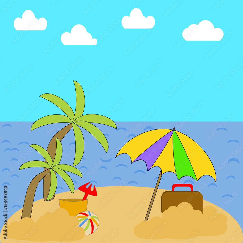 A vacation on a beach with palm trees, Ocean, sky and clouds with Umbrella, suitcase and beach toys.