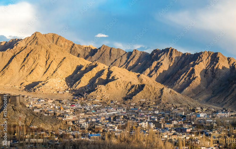 The city of Leh,  Leh city is located in the Indian Himalayas at an altitude of 3500 meters.  viewed from Leh Palace