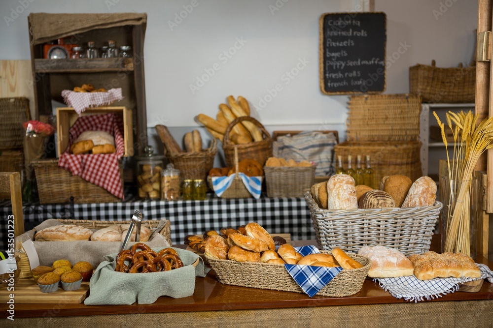 Various bread and cookies on counter