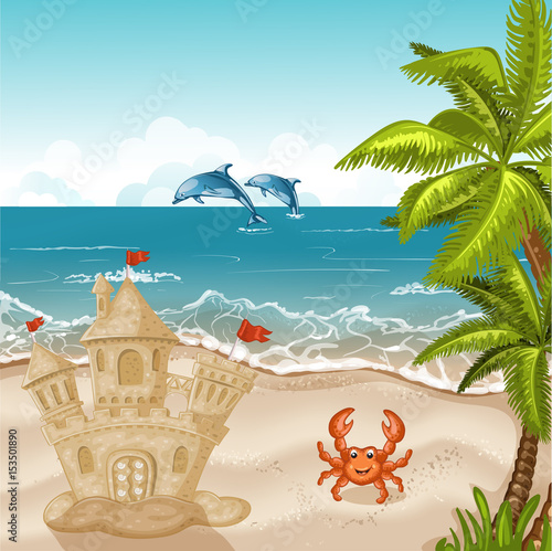 Illustration of crab and sand castle on the beach. 